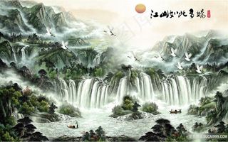 江山如此多娇风景字画高清分辨率喷绘打印办公室挂画素材山水花草