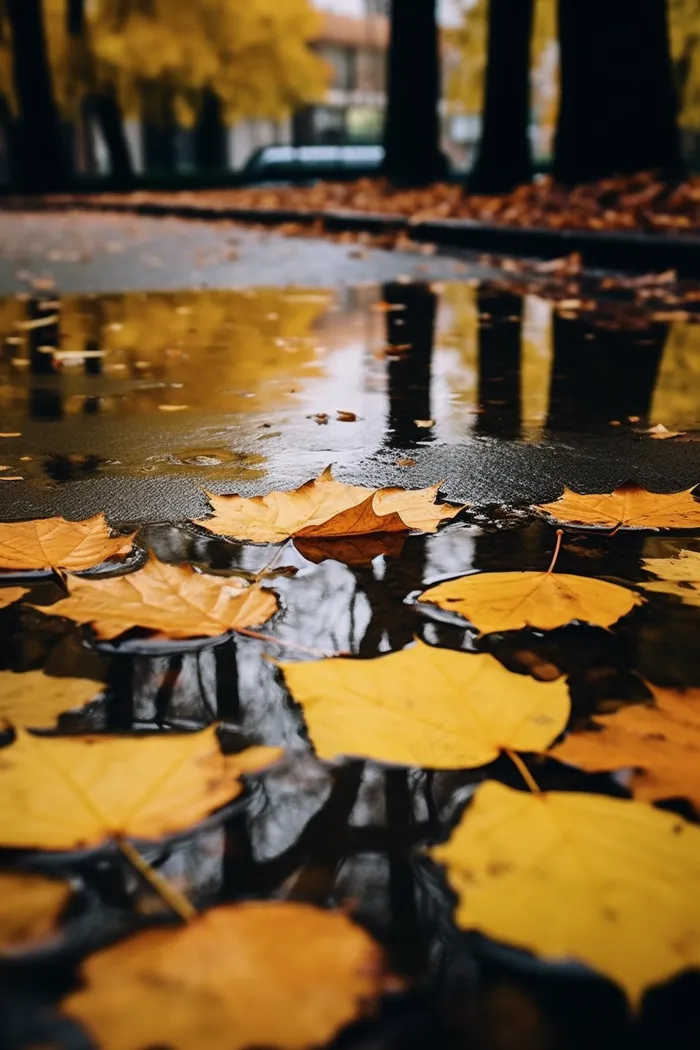秋季雨天落叶在水坑道路摄影图(2688x4032)