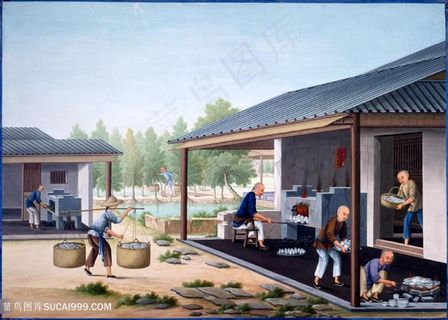 古代瓷器搬运集市贸易场景绘画图片