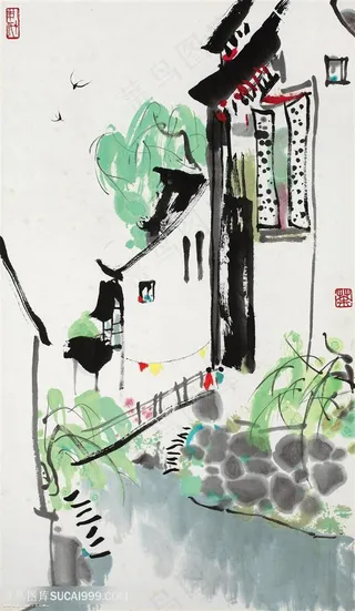 吴冠中手绘唯美水墨房子风景画