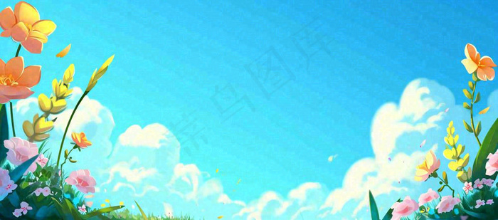 春日草地鲜花清新郊外草坪蓝天白云，春分(1632x720)