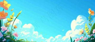 春日草地鲜花清新郊外草坪蓝天白云，春分