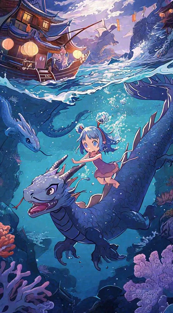 创意卡通古风河面人物游船，夜晚龙灯笼光照，海浪水面(816x1472)