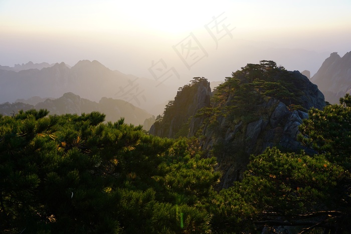 安徽, 黄山, 群山, 山峰, 树木,