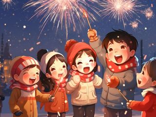 新年除夕放烟花爆竹的孩童庆祝新年喜庆卡通插画背景