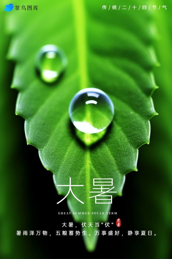 大暑节气早晨绿叶露珠绿色简约海报(2000x3000)psd模版下载