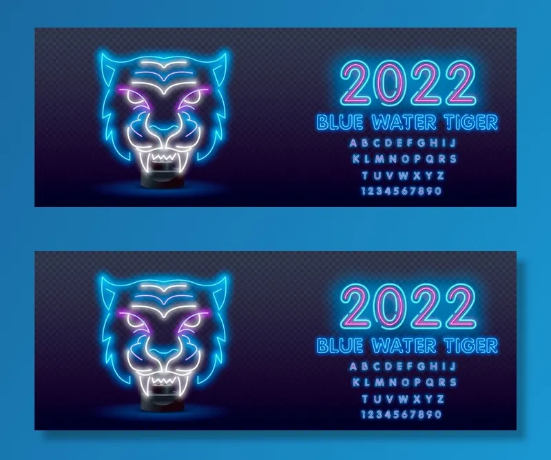 夜晚霓虹灯发光字特效老虎2022新年虎年春节元素矢量平面设计素材eps,ai矢量模版下载