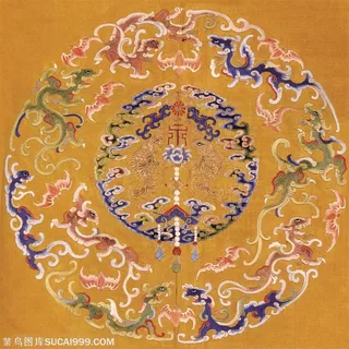黄色背景古代龙凤刺绣中国风图片