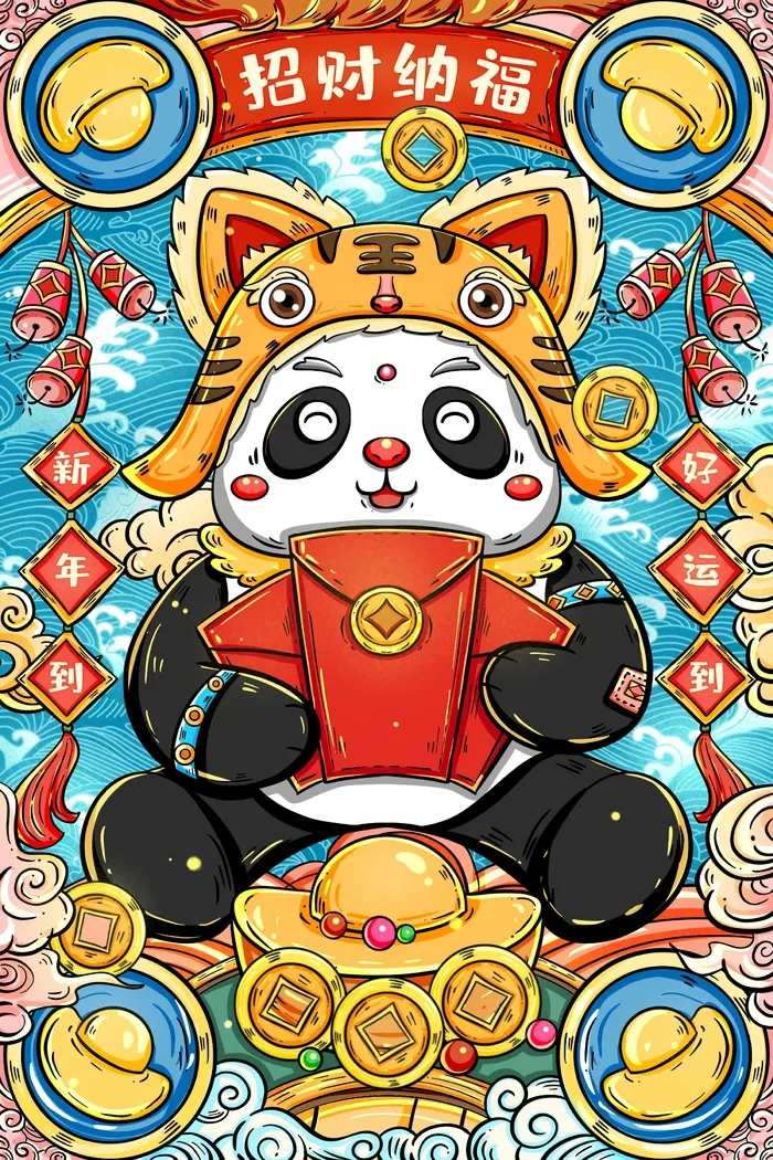虎年中国风萌虎插画psd模版下载