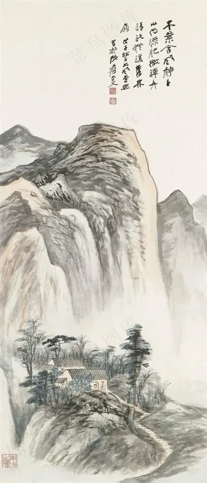 张大千手绘水墨山脉风景画