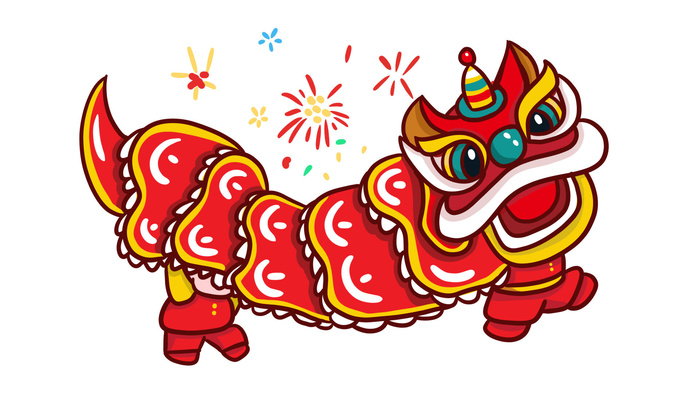 新年春节虎年元宵手绘人物舞狮卡通狮子头插画元素PSD设计素材