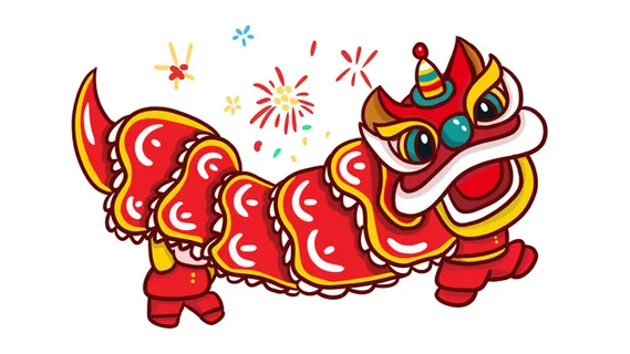 新年春节虎年元宵手绘人物舞狮卡通狮子头插画元素PSD设计素材