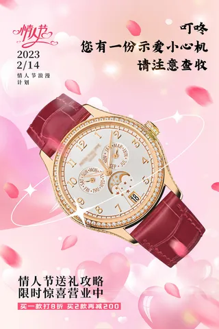 简约粉色爱心情人节手表促销海报