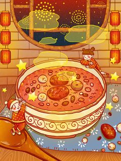 中国传统节日手绘卡通腊八节腊八粥插画海报PSD格式设计素材