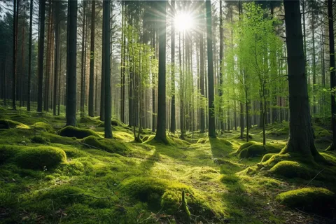 阳光透过森林里的间隙露出来的光晕光影摄影图