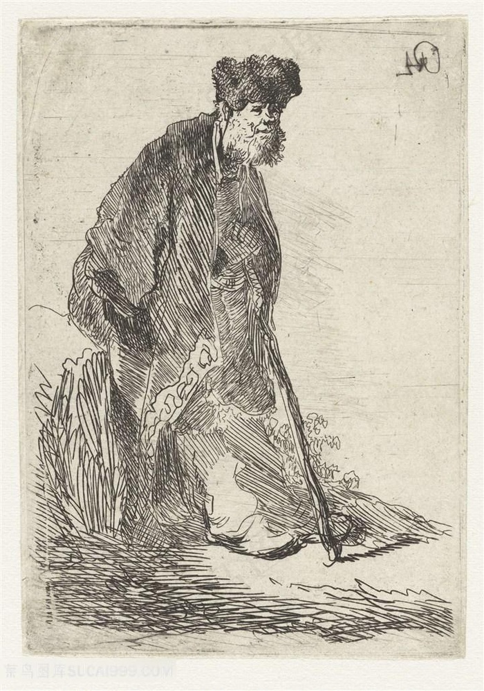 伦勃朗素描线稿柱拐杖的老人装饰画