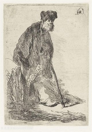 伦勃朗素描线稿柱拐杖的老人装饰画