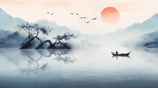 江南水乡水墨画山水船桃花插画