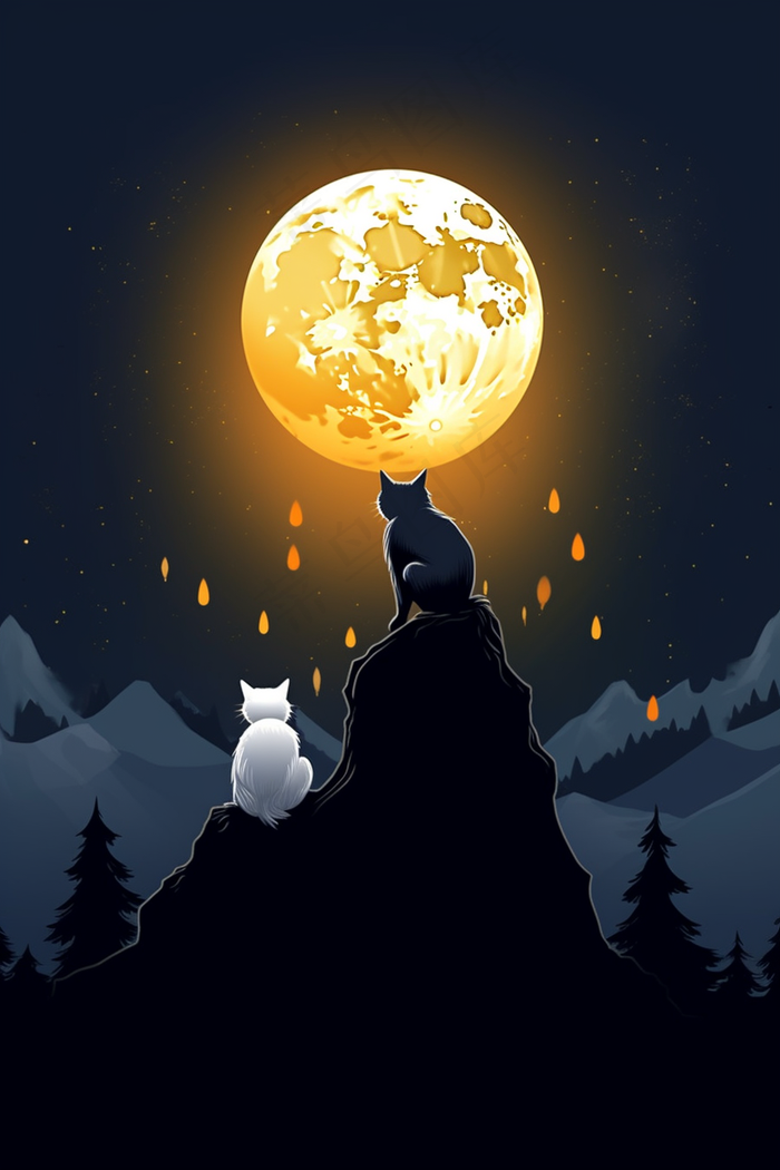 夜晚满月下山顶的猫咪卡通插画素材(2688x4032)