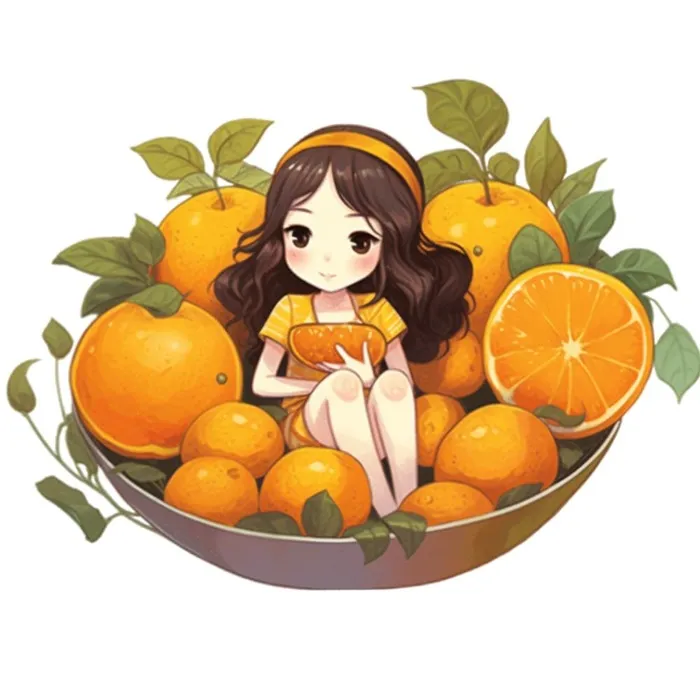 在橙子盘子里的女孩插画免抠(1056x1024)