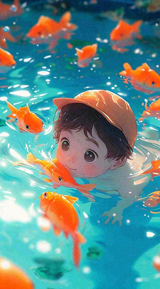 夏日阳光儿童男孩游水游泳泳池，金鱼温馨，夏天