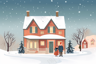 下雪天白雪覆盖房子人们门口闲谈卡通插画素材背景