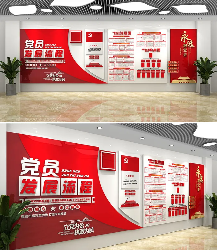 红色大气党员发展流程党组织构架党员之家党建文化墙cdr矢量模版下载
