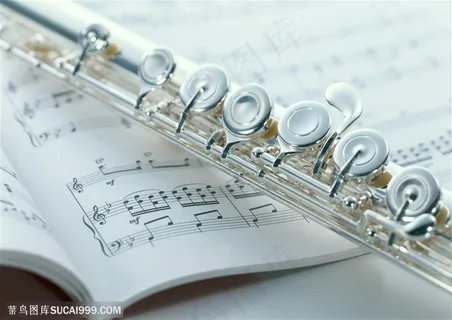 乐器- 摆放在乐谱上的笛子特写
