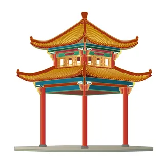 复古中国风国潮古建筑插画手绘高楼古塔AI素材亭子png免抠图