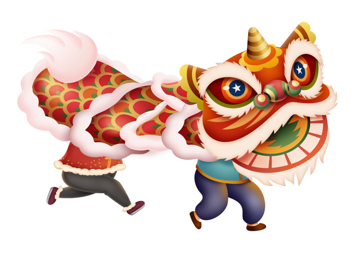新年春节虎年元宵手绘人物舞狮卡通狮子头插画元素PSD设计素材psd模版下载