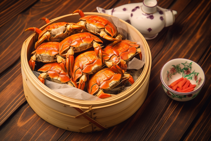 餐桌蒸笼屉里的螃蟹和茶壶摄影图(4032x2688)