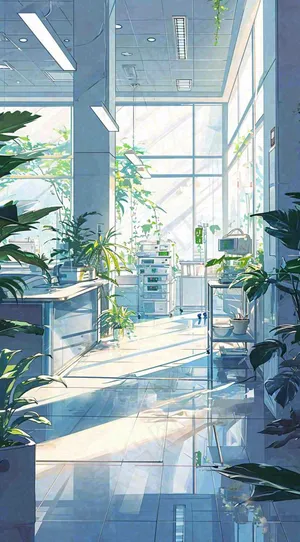 夏天明媚的阳光洒进办公室绿色的植物在办公室走廊上，线性插画手绘