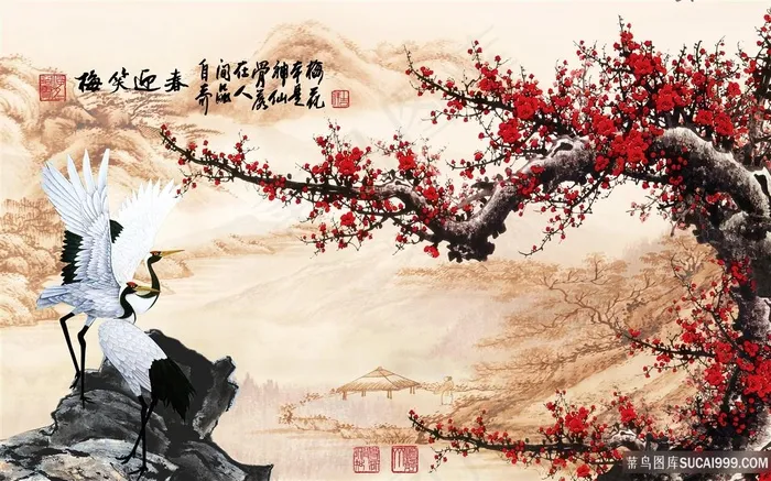 腊梅花花开富贵风景字画高清分辨率喷绘打印办公室挂画素材山水花草