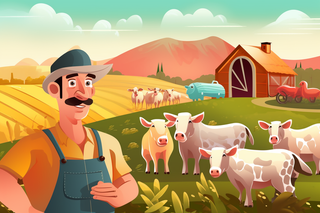 卡通插画农夫的牧场里的牛羊