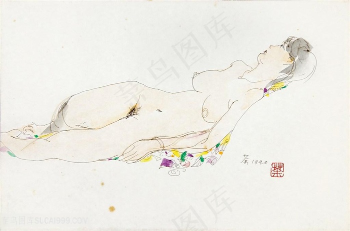 吴冠中手绘侧躺着的美女装饰画