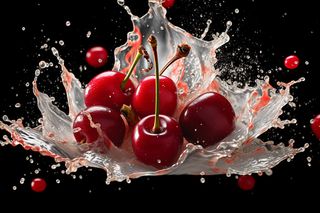 水果牛奶碰撞融合车厘子液体撞击迸射瞬间摄影图