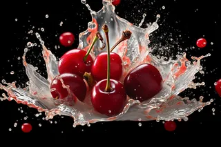 水果牛奶碰撞融合车厘子液体撞击迸射瞬间摄影图