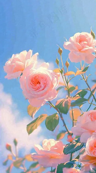 春天蓝天白云阳光下的粉色玫瑰花朵，谷雨立夏