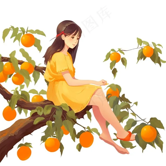 少女女孩坐着柿子树上橙色插画免抠(1024x1024)