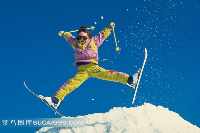 滑雪蹦在空中的孩子