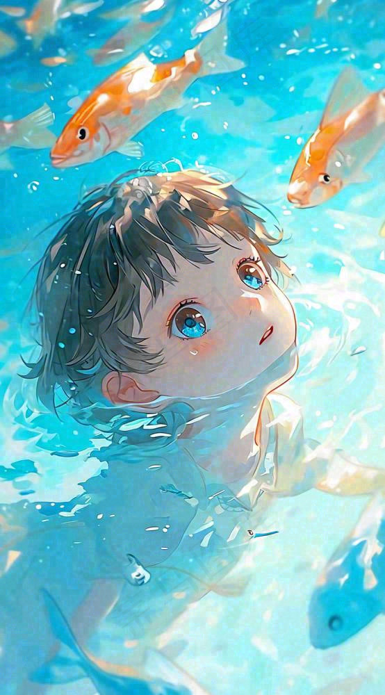 夏天泳池游泳少年儿童手绘插画，夏至小暑(816x1472)