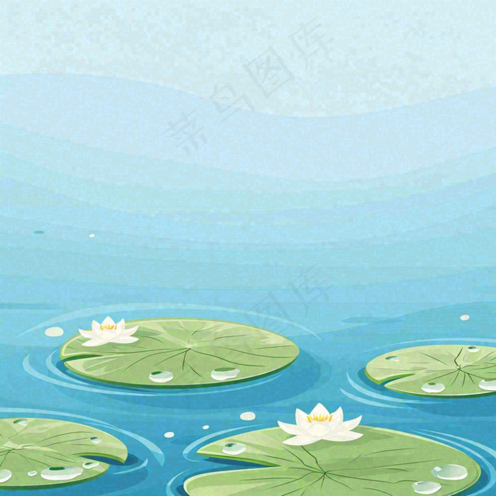 中国风夏日荷塘池白色荷花盛开手绘插画，立夏夏至大暑小暑(1024x1024)