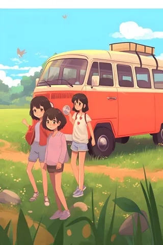 开车旅游草原花草人物卡通插画背景