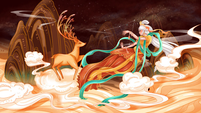 复古中国风国潮神话人物敦煌插画仙女手绘海报背景PSD设计素材