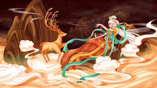 复古中国风国潮神话人物敦煌插画仙女手绘海报背景PSD设计素材