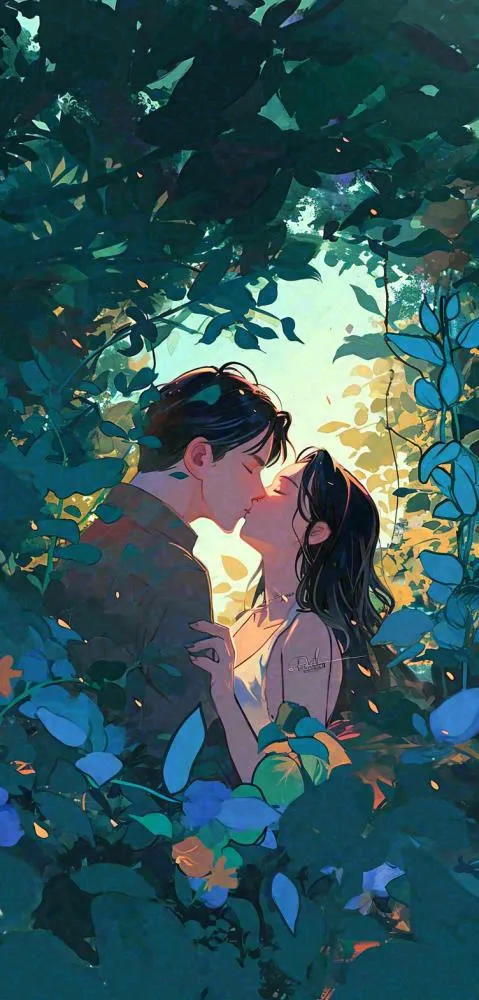 森林花丛里情侣拥抱亲吻爱情手绘插画，情人节(752x1568)