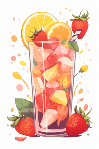 草莓柠檬饮料卡通插画