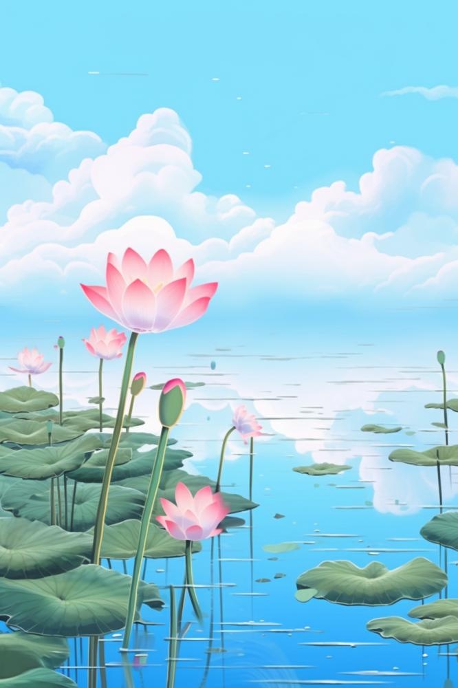 蓝色光影清新荷花背景(896x1344)