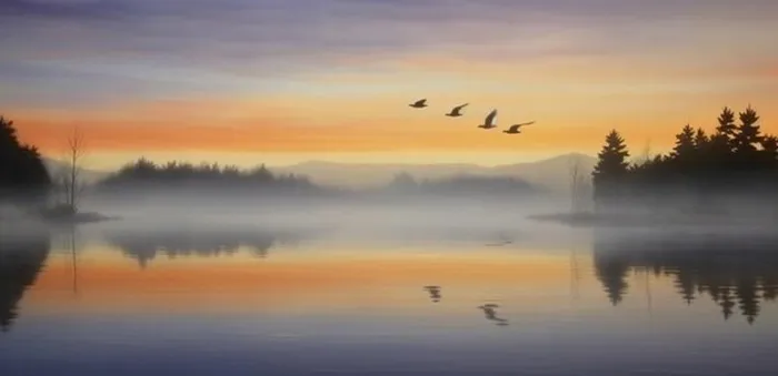 夕阳湖面倒影风光背景(1584x768)