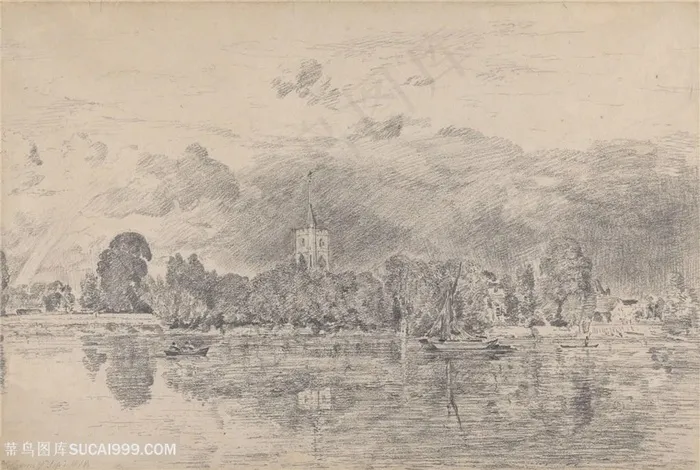 康斯坦布尔手绘湖畔山脉美景装饰画